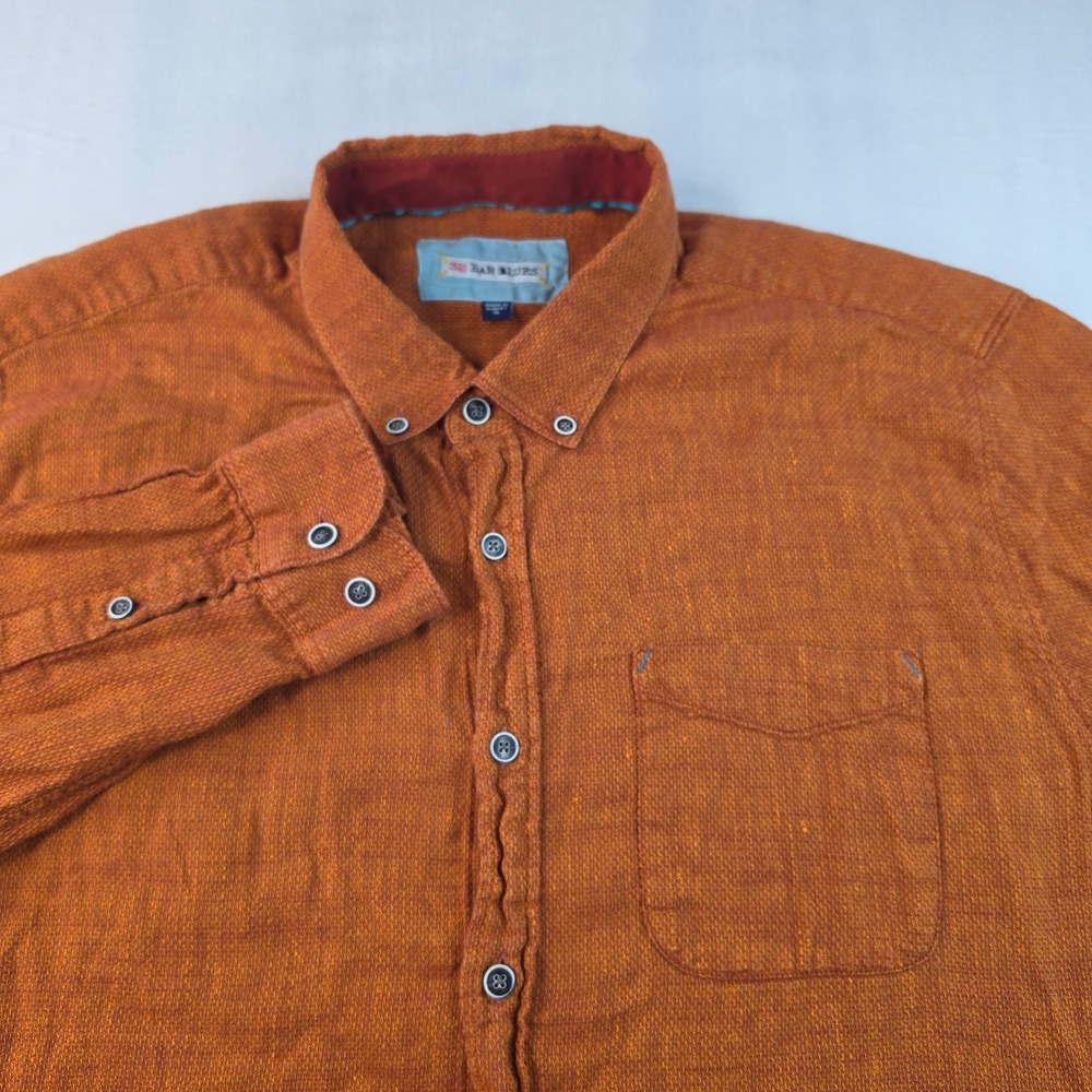 32 Bar Blues Button Down Men XL Burnt Orange Linen Blend Long Sleeve Slub Shirt